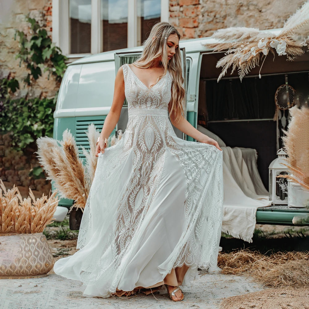 Lace Chiffon Boho A Line Wedding Dress with Hippie Lace