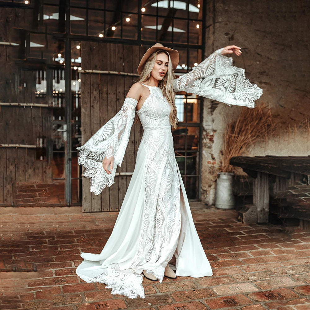 Halter Boho Lace Wedding Dress with Detachable Long Flare Sleeves