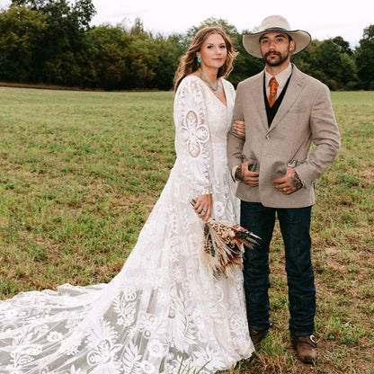 Long Puffy Sleeves Lace Boho Bridal Gowns Tassel Bohemian Beach Wedding Dress