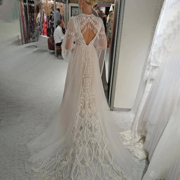 Lace V Neck Tulle Floral Lace Fringe Wedding Dress with Removable Bolero