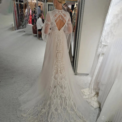 Lace V Neck Tulle Floral Lace Fringe Wedding Dress with Removable Bolero
