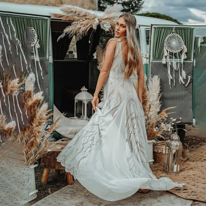 Lace Chiffon Boho A Line Wedding Dress with Hippie Lace