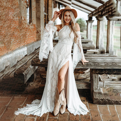 Halter Boho Lace Wedding Dress with Detachable Long Flare Sleeves