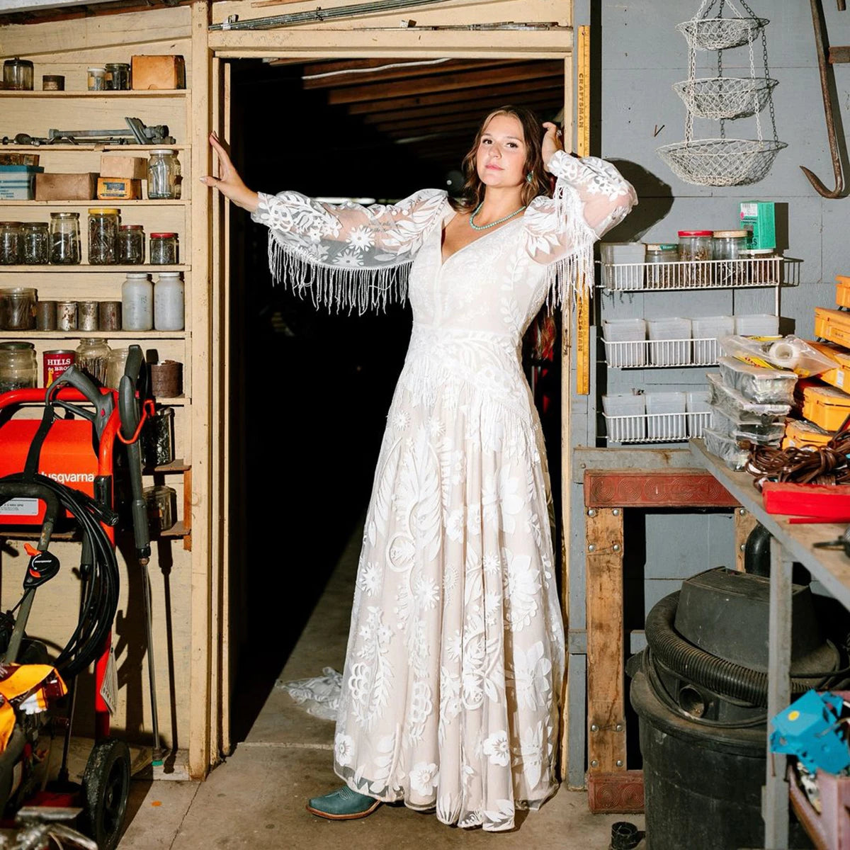 Long Puffy Sleeves Lace Boho Bridal Gowns Tassel Bohemian Beach Wedding Dress
