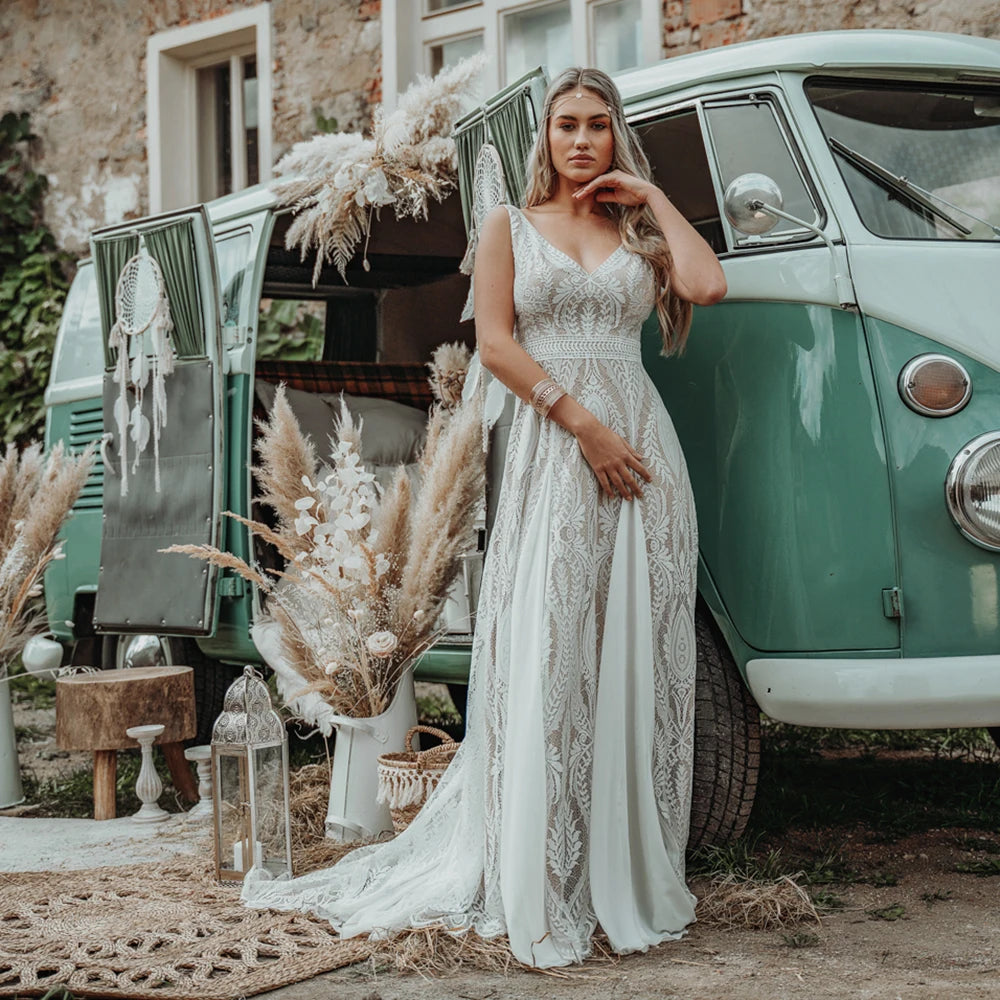 Lace Chiffon Boho A Line Wedding Dress with Hippie Lace