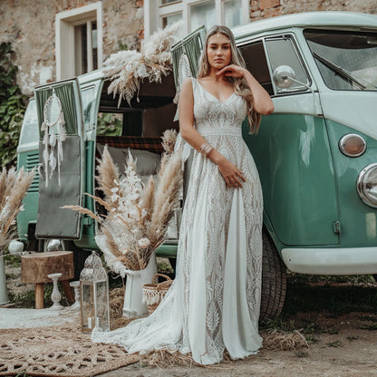 Lace Chiffon Boho A Line Wedding Dress with Hippie Lace