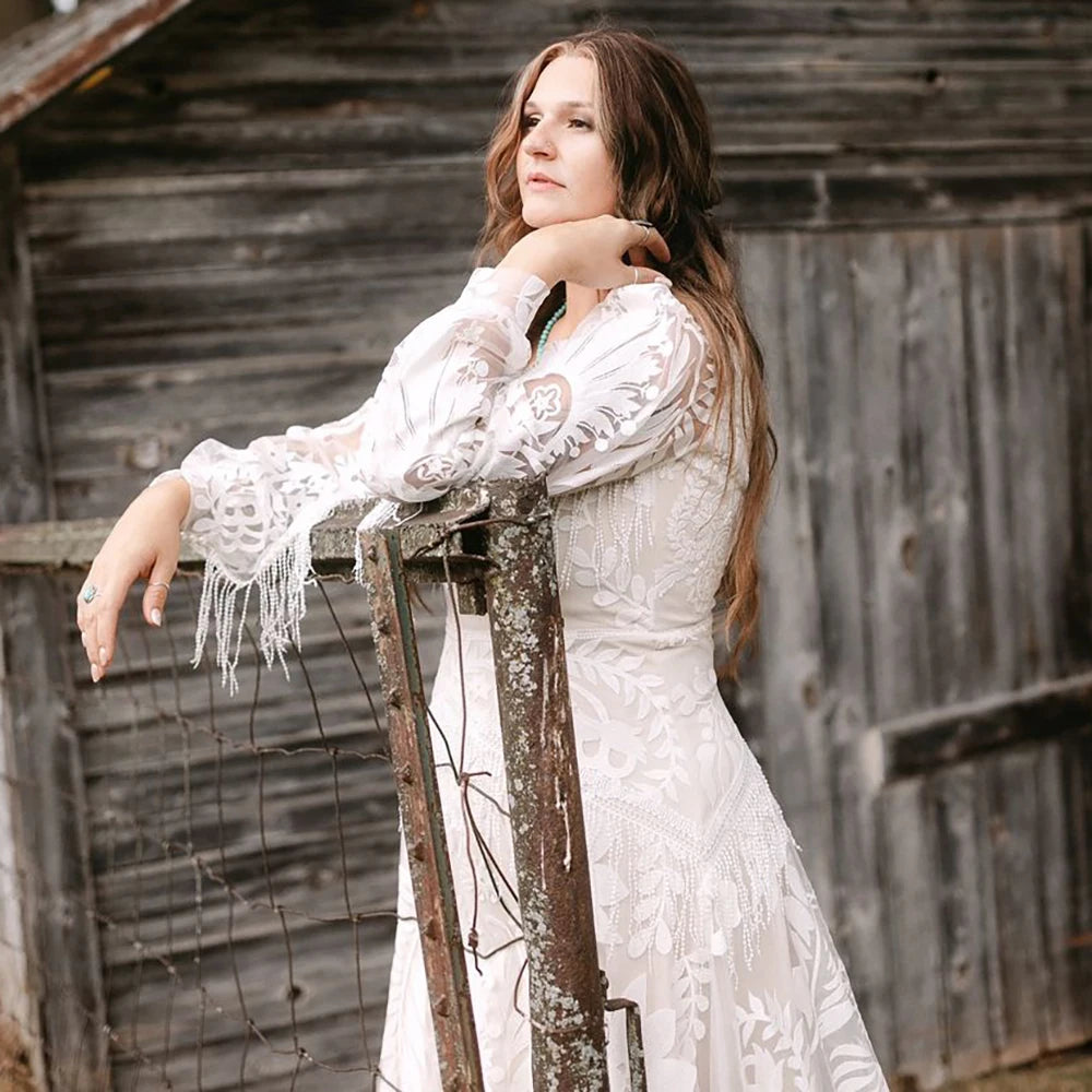 Long Puffy Sleeves Lace Boho Bridal Gowns Tassel Bohemian Beach Wedding Dress
