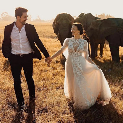 Lace V Neck Tulle Floral Lace Fringe Wedding Dress with Removable Bolero