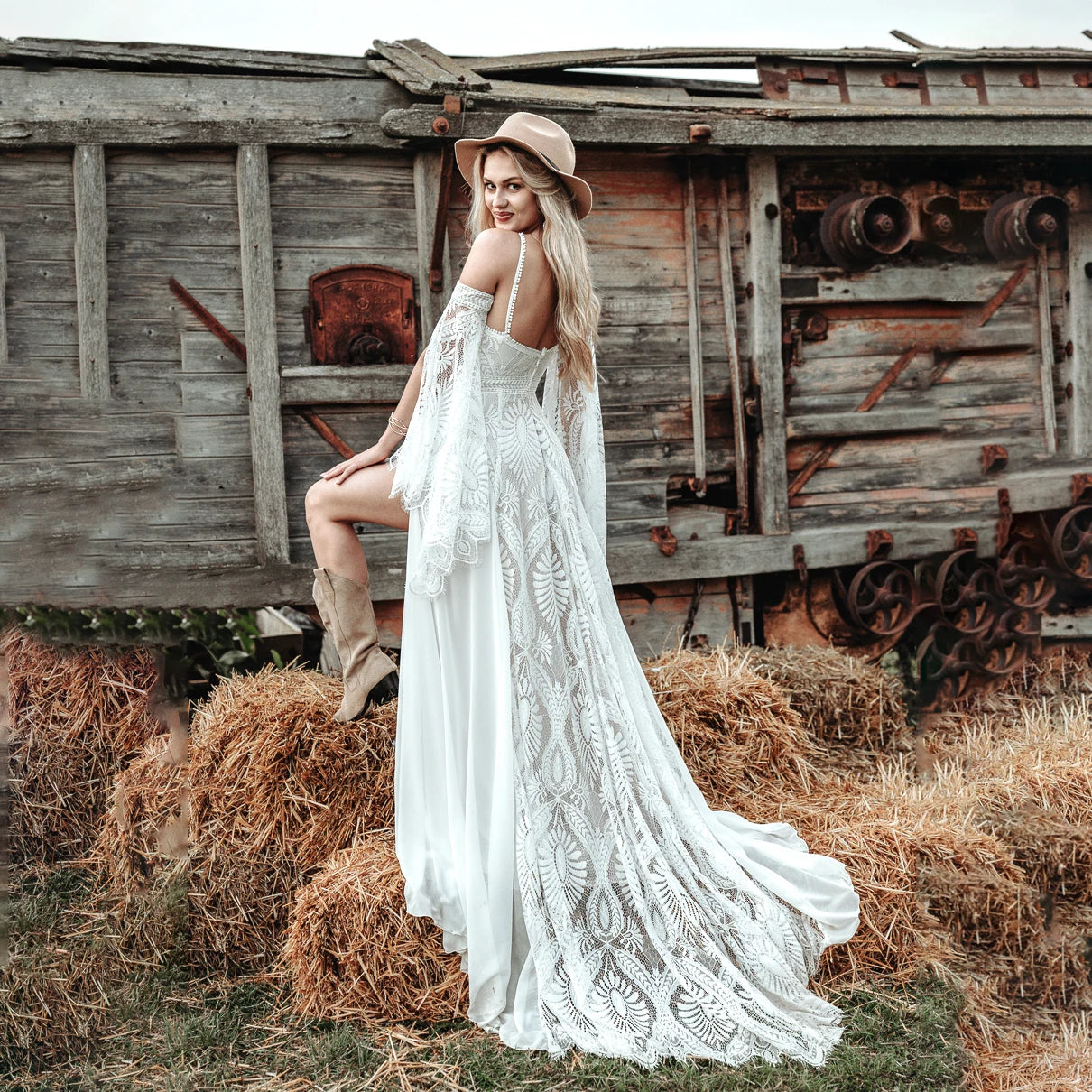 Halter Boho Lace Wedding Dress with Detachable Long Flare Sleeves