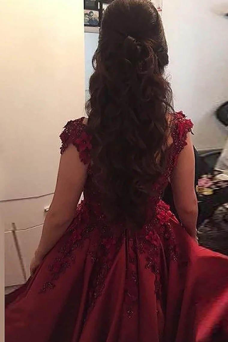 Burgundy Prom Dress Satin Ball Gown Off-The-Shoulder With Applique PM226 - Pgmdress