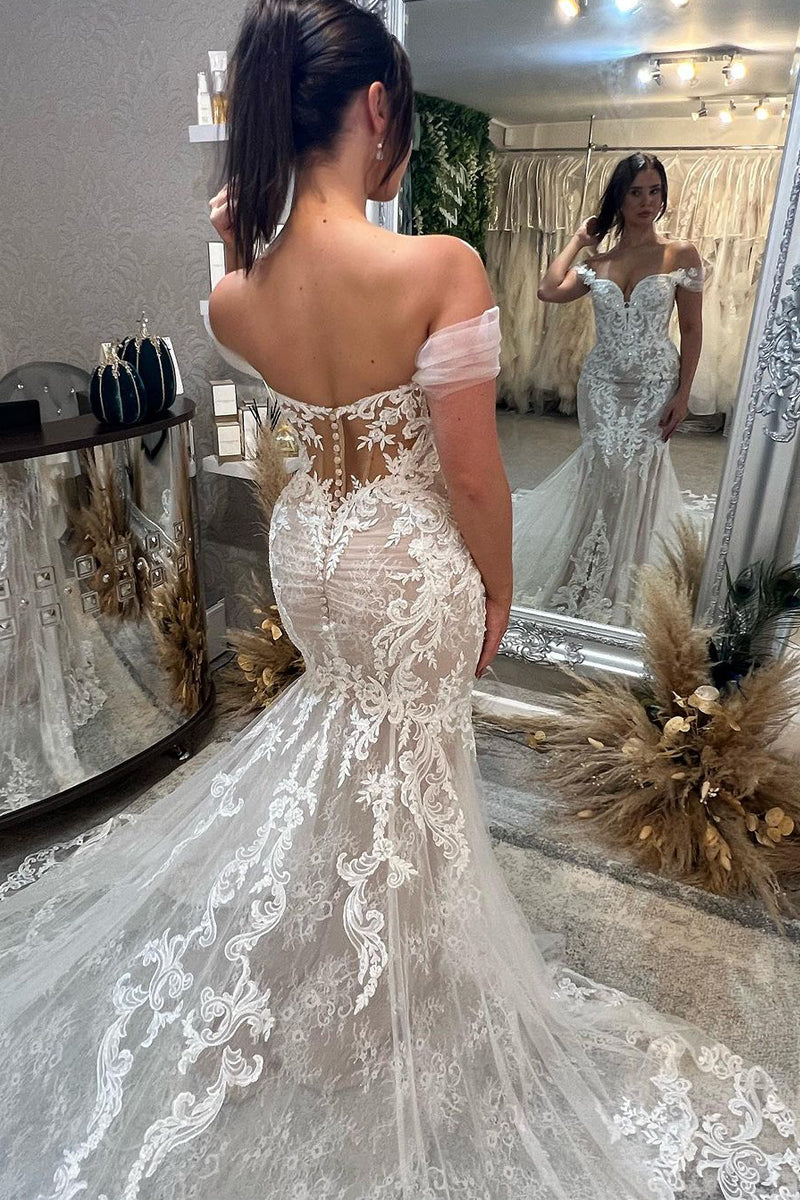 Lorette | Mermaid Off the Shoulder Lace Wedding Dresses with Train