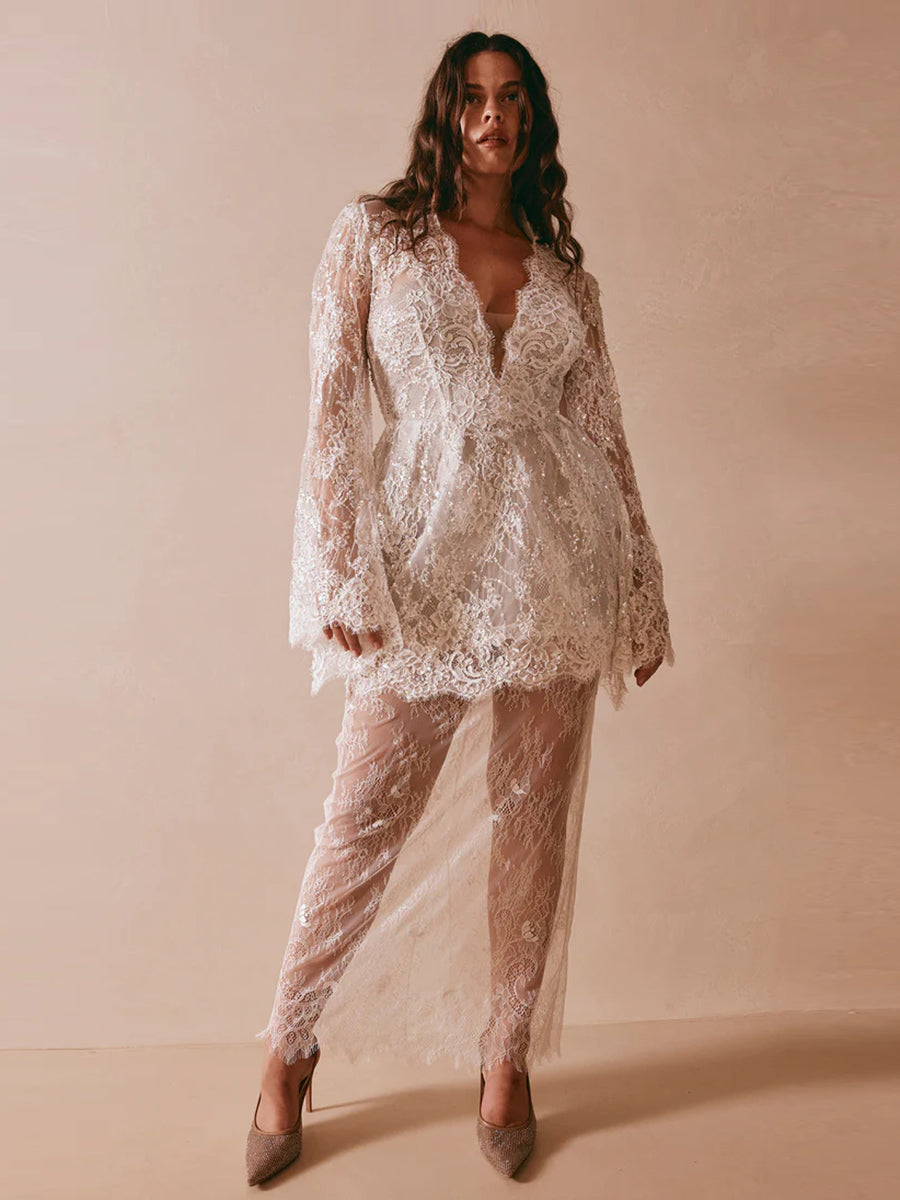 A-Line Deep V-Neck Long Sleeves Full Lace Sequins Short Wedding Dress