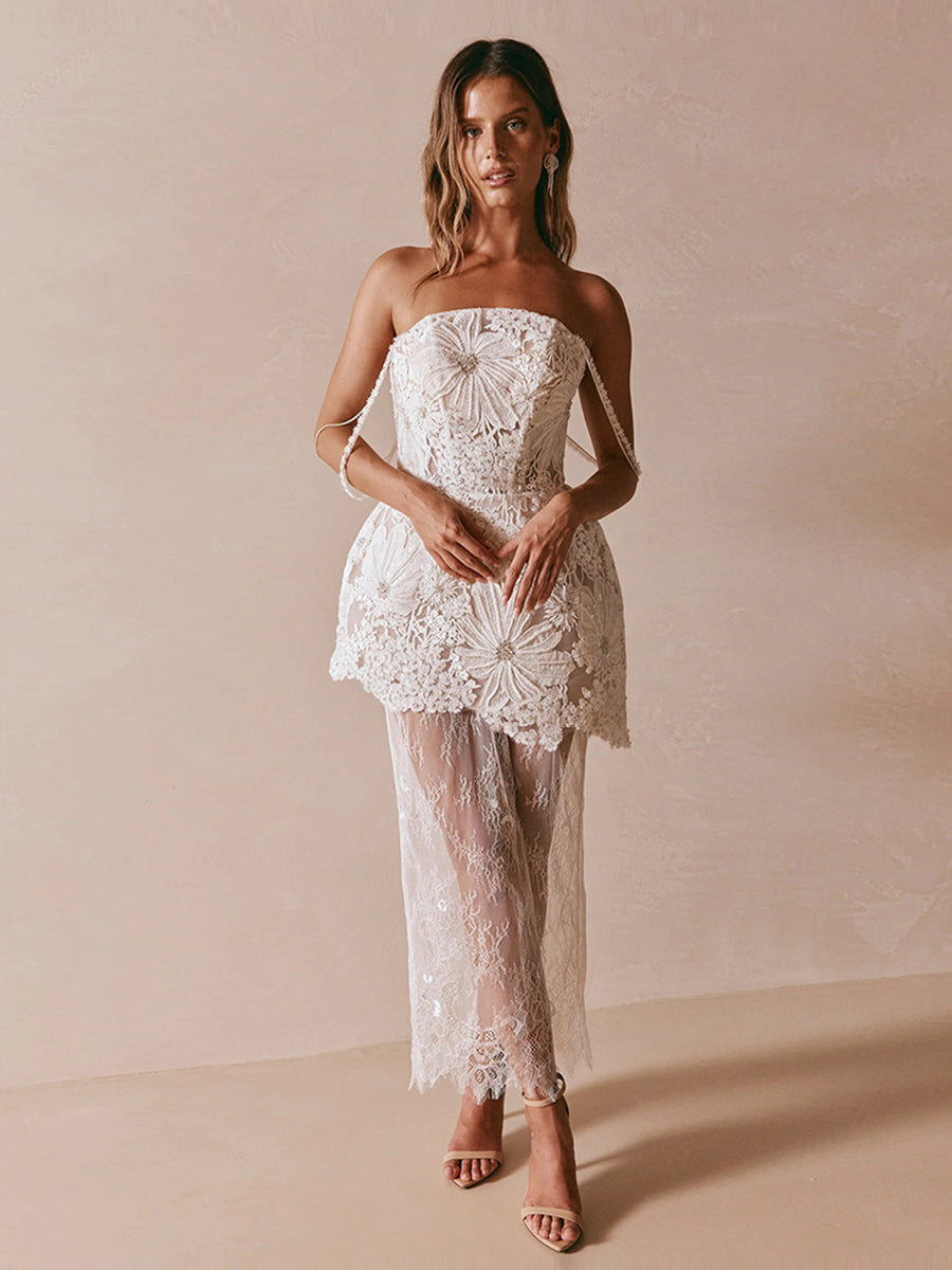 A-Line Strapless Off-Shoulder Lace Sequins Short Wedding Dress
