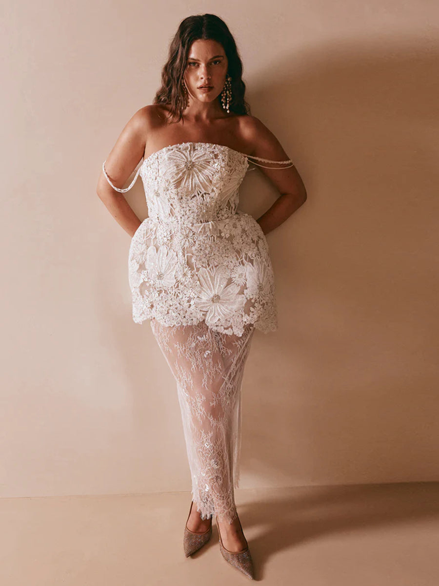 A-Line Strapless Off-Shoulder Lace Sequins Short Wedding Dress