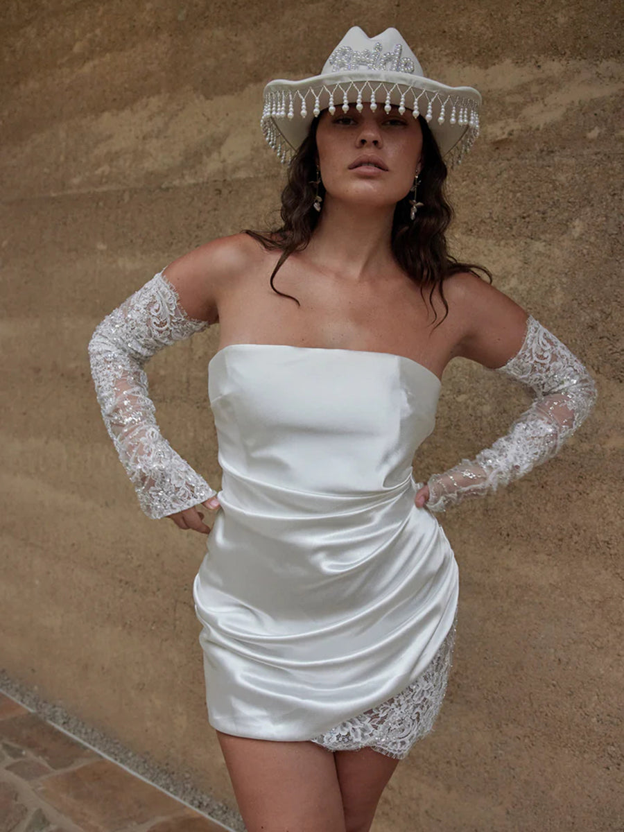 Sheath Strapless Lace Draped Sleek Satin Short Wedding Dress