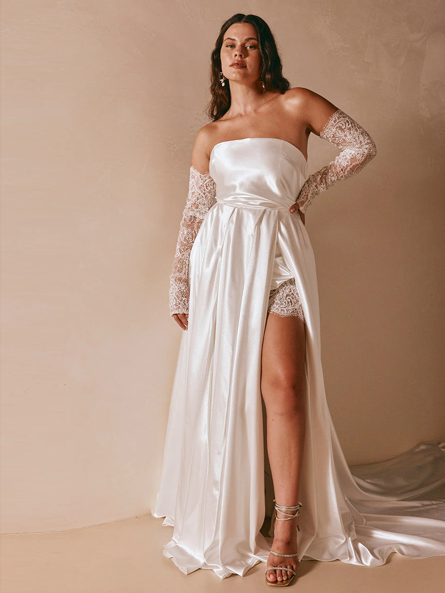 A-Line Strapless Lace High Slit Sleek Satin Wedding Dress with Train