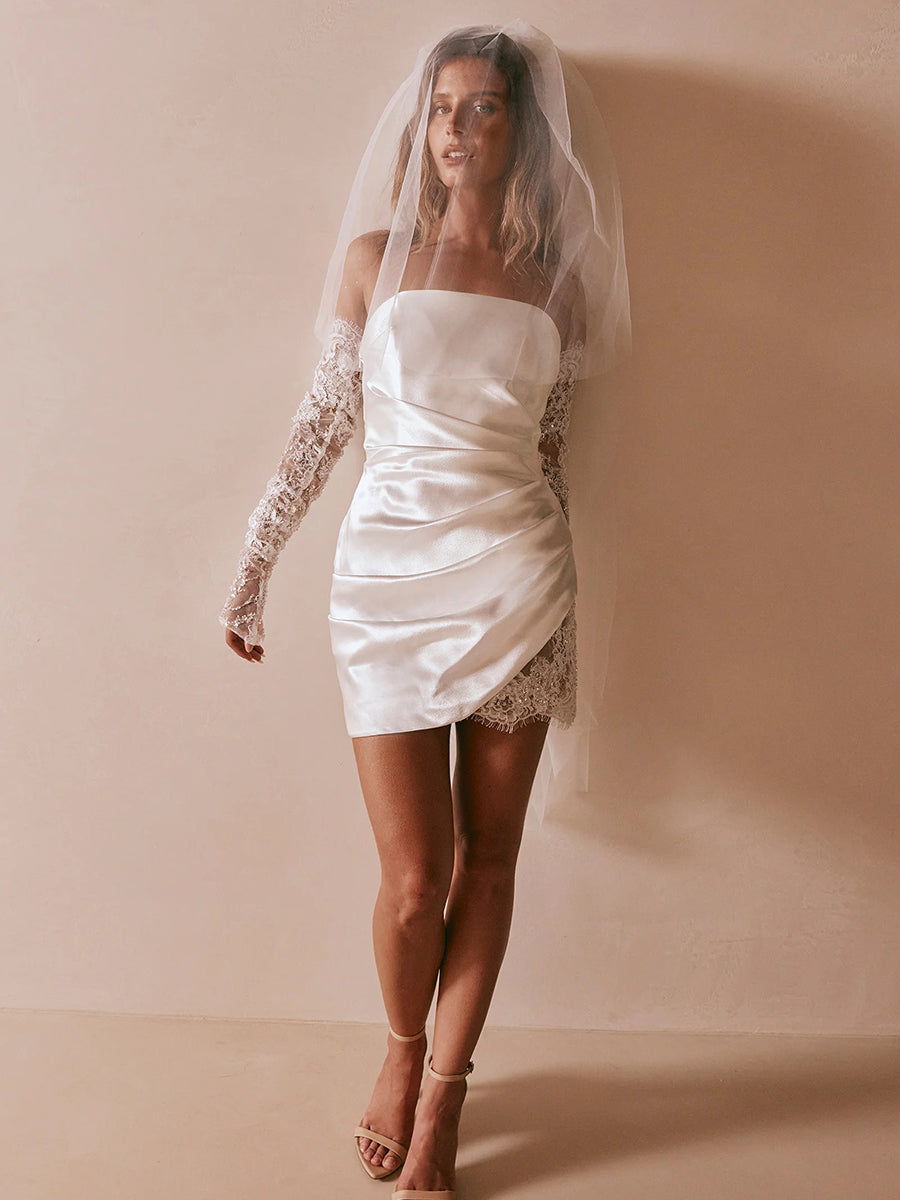 Sheath Strapless Lace Draped Sleek Satin Short Wedding Dress