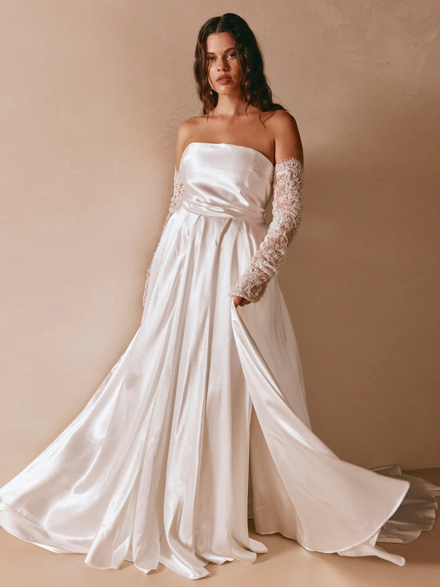 A-Line Strapless Lace High Slit Sleek Satin Wedding Dress with Train