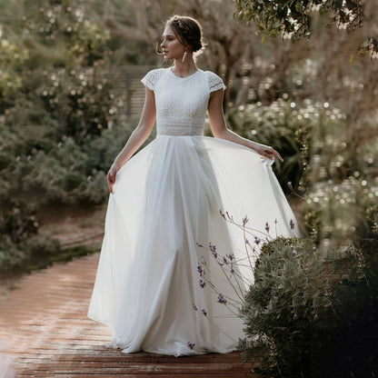 Chiffon A Line Boho Beach Wedding Dress with Keyhole Back