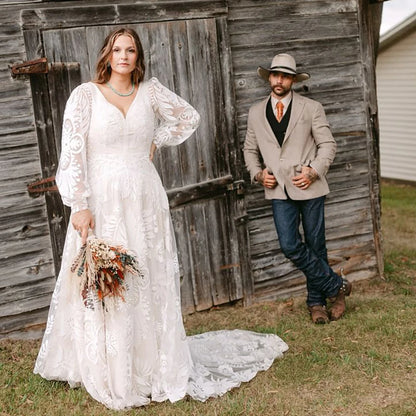 Long Puffy Sleeves Lace Boho Bridal Gowns Tassel Bohemian Beach Wedding Dress