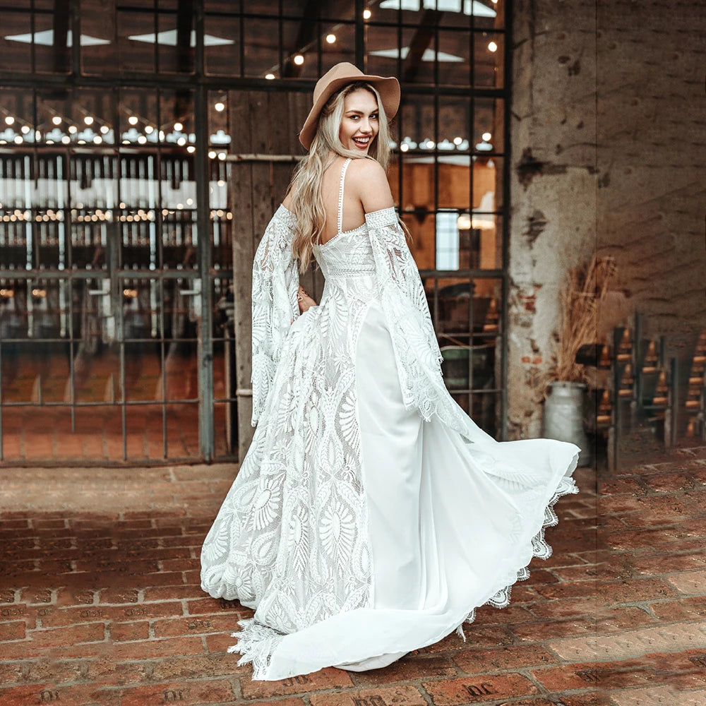 Halter Boho Lace Wedding Dress with Detachable Long Flare Sleeves