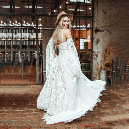 Halter Boho Lace Wedding Dress with Detachable Long Flare Sleeves