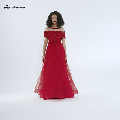 O-Neck Sequins Sexy Evening Dresses Short Sleeves A-Line Formal Gown  L99305