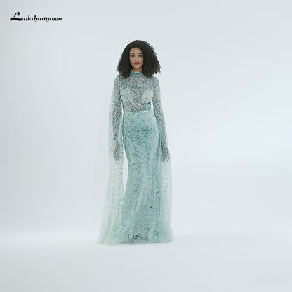 Dubai Mint Green Cape Sleeves Beaded Pearls Mermaid Evening Dress L9668