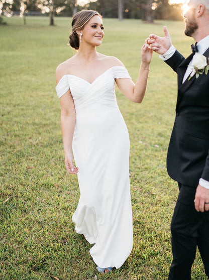 Off Shoulder V-Neck Draped Sleek Satin Wedding Dress with Train