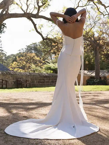 Strapless Off Shoulder Sleek Satin Simple Wedding Dress with Train