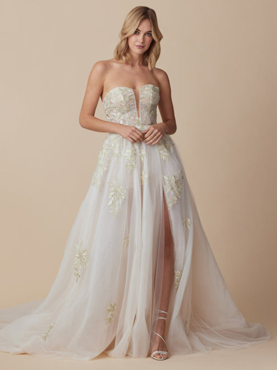 A-Line Strapless Tulle Embroidery High Slit Wedding Dress with Train