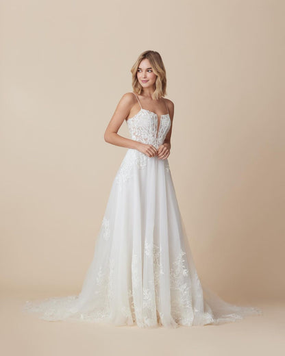 A-Line Strapless Tulle Embroidery High Slit Wedding Dress with Train