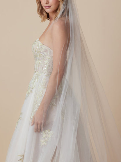 A-Line Strapless Tulle Embroidery High Slit Wedding Dress with Train