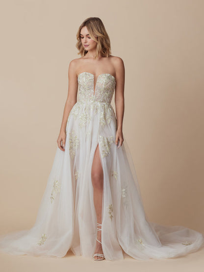 A-Line Strapless Tulle Embroidery High Slit Wedding Dress with Train