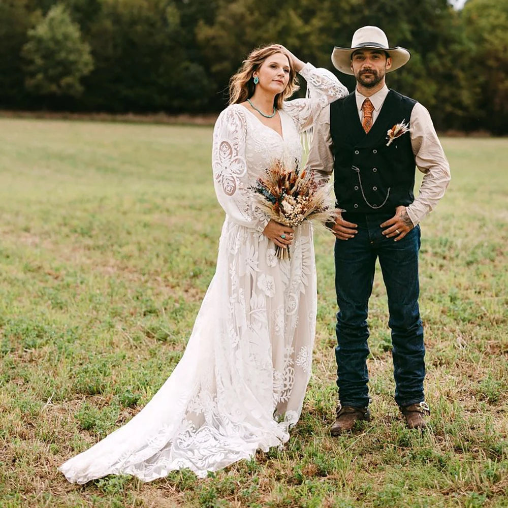 Long Puffy Sleeves Lace Boho Bridal Gowns Tassel Bohemian Beach Wedding Dress