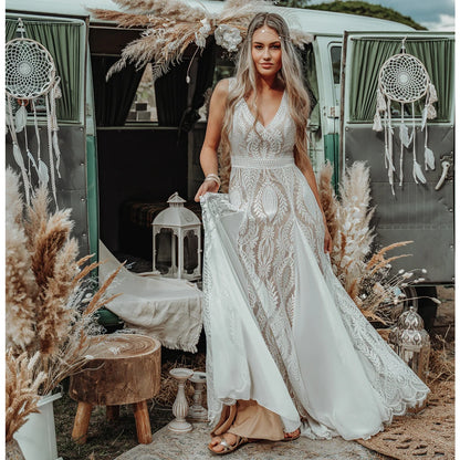 Lace Chiffon Boho A Line Wedding Dress with Hippie Lace