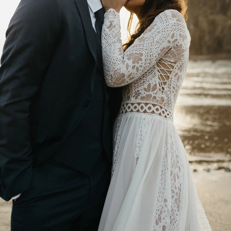 Hippie Boho Beach Elopement Lace Chiffon Wedding Dress