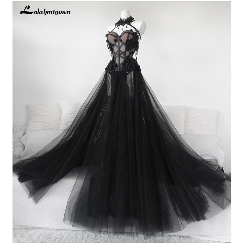 Gothic Black Long Wedding Dress 2021 Sexy Bridal Gown Vestidos De Novia Sexy Tulle Wedding Gowns Trouwjurk Plus Size - LAKSHMIGOWN