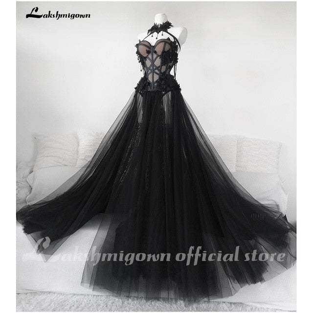 Gothic Black Long Wedding Dress 2021 Sexy Bridal Gown Vestidos De Novia Sexy Tulle Wedding Gowns Trouwjurk Plus Size